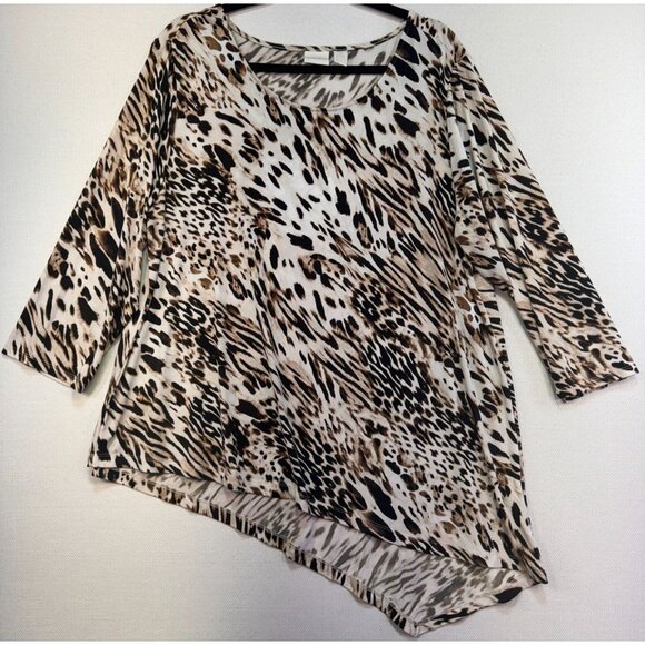 Chicos Leopard Print Asymmetrical Hem Tunic Top Size 3 Black Tan Cream Stretch - Picture 1 of 10
